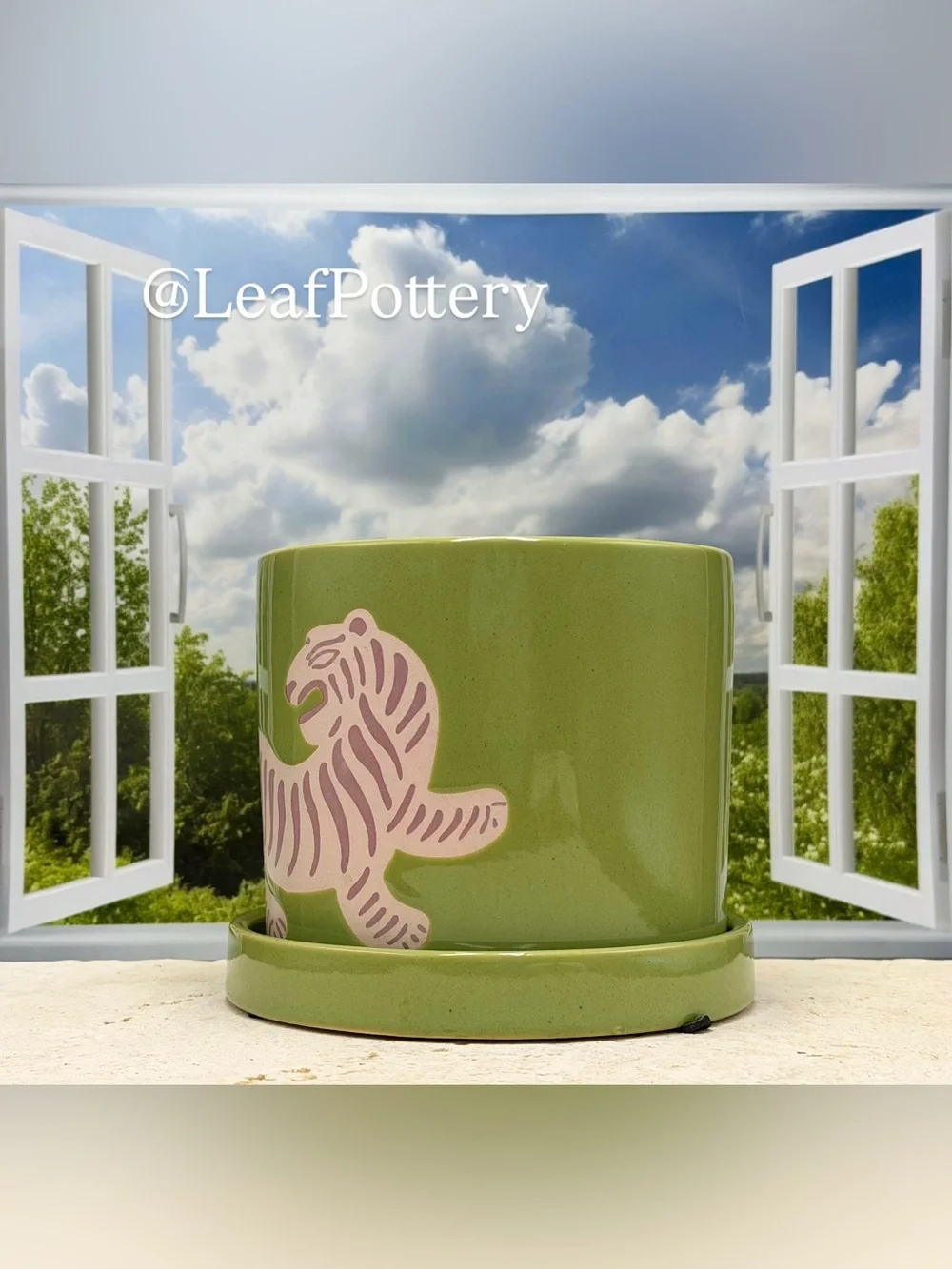 Tiger Ceramic Planter with Saucer 5 Inch, Cute Green Indoor Plant Pot